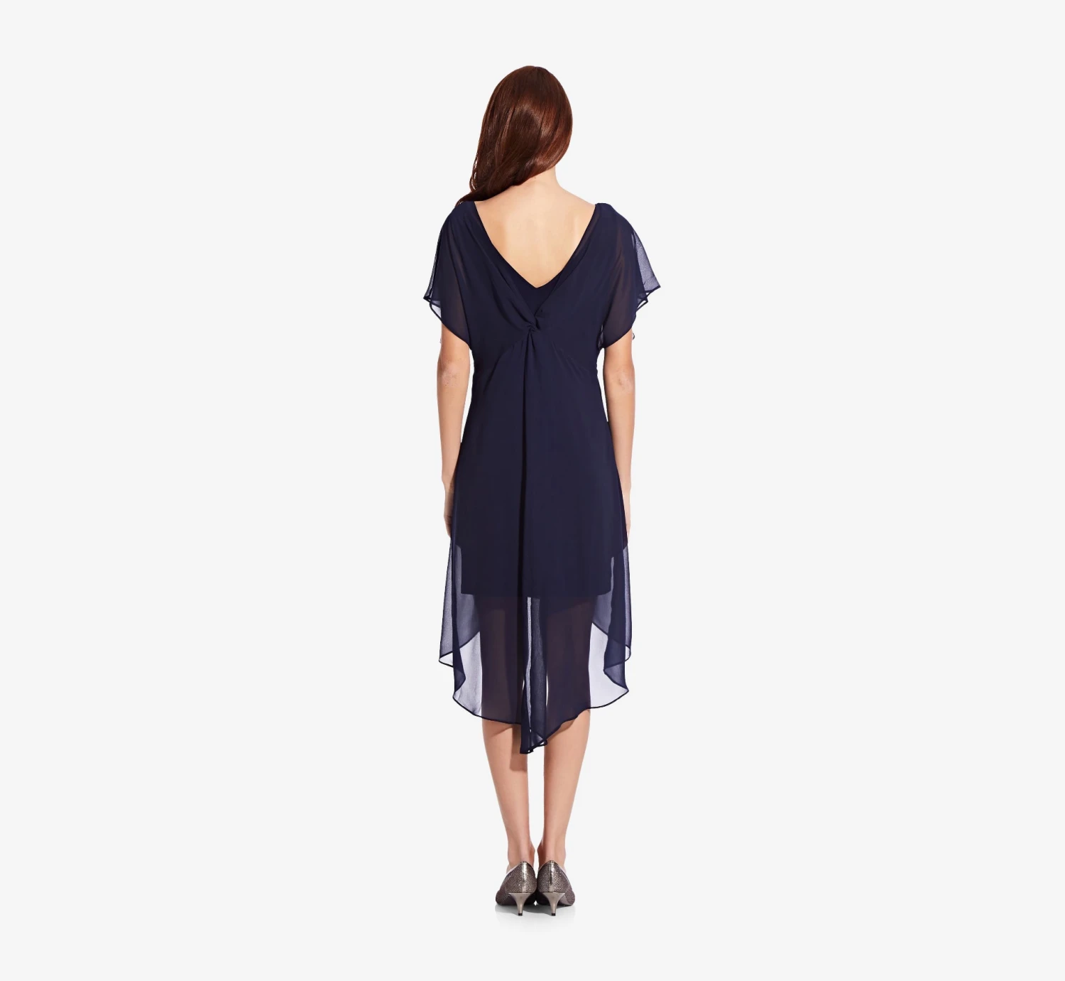 Adrianna Papell Flutter Sleeve Chiffon Dress With High Low Hemline In Navy 4 Adrianna Papell Flutter Sleeve Chiffon Dress With High Low Hemline In Navy - Image 2