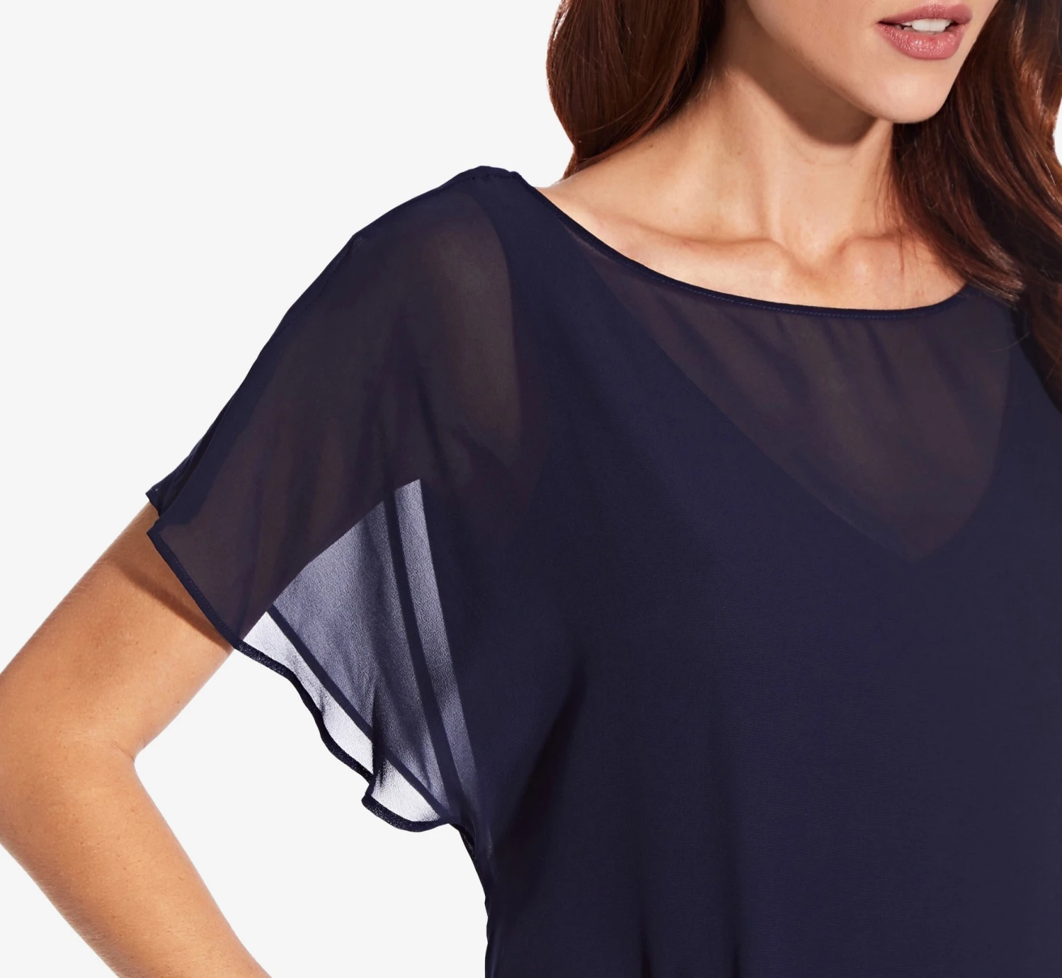 Adrianna Papell Flutter Sleeve Chiffon Dress With High Low Hemline In Navy 6 Adrianna Papell Flutter Sleeve Chiffon Dress With High Low Hemline In Navy - Image 4