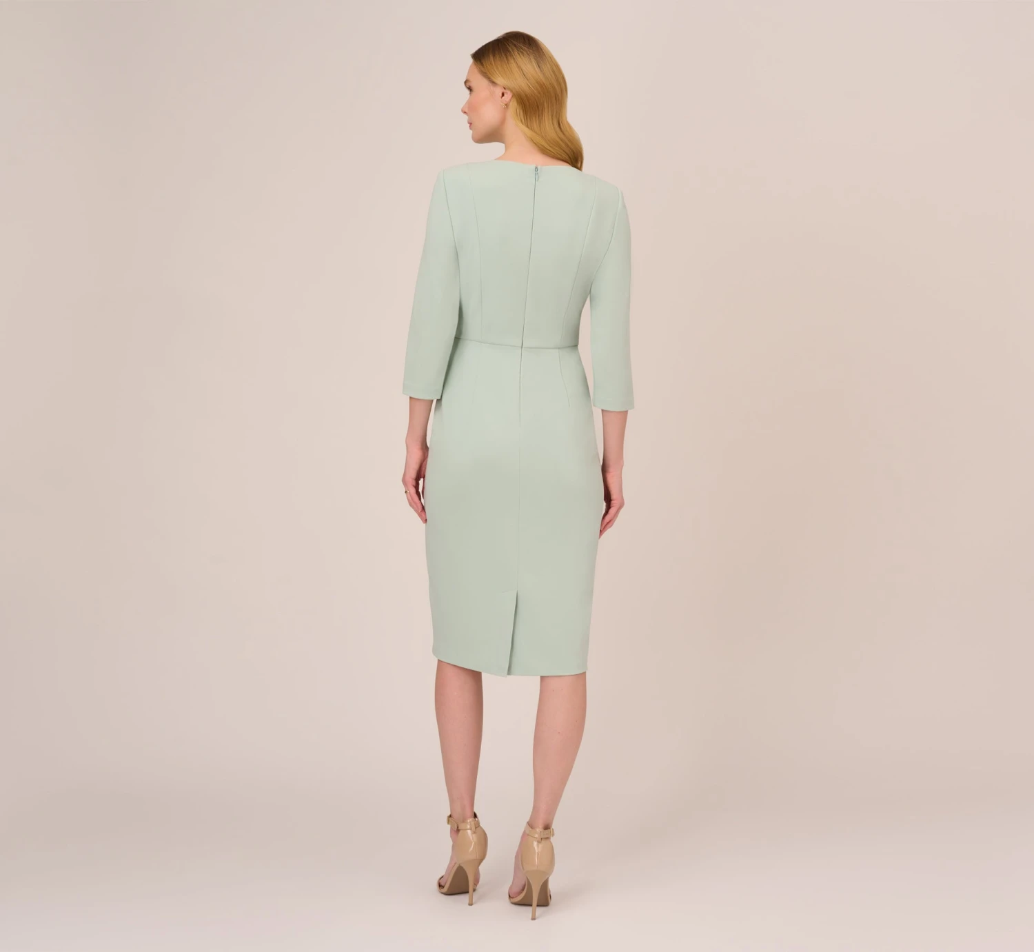 Adrianna Papell Knit Crepe Bow Sheath Dress With Three Quarter Sleeves In Icy Sage 4 Adrianna Papell Knit Crepe Bow Sheath Dress With Three Quarter Sleeves In Icy Sage - Image 2