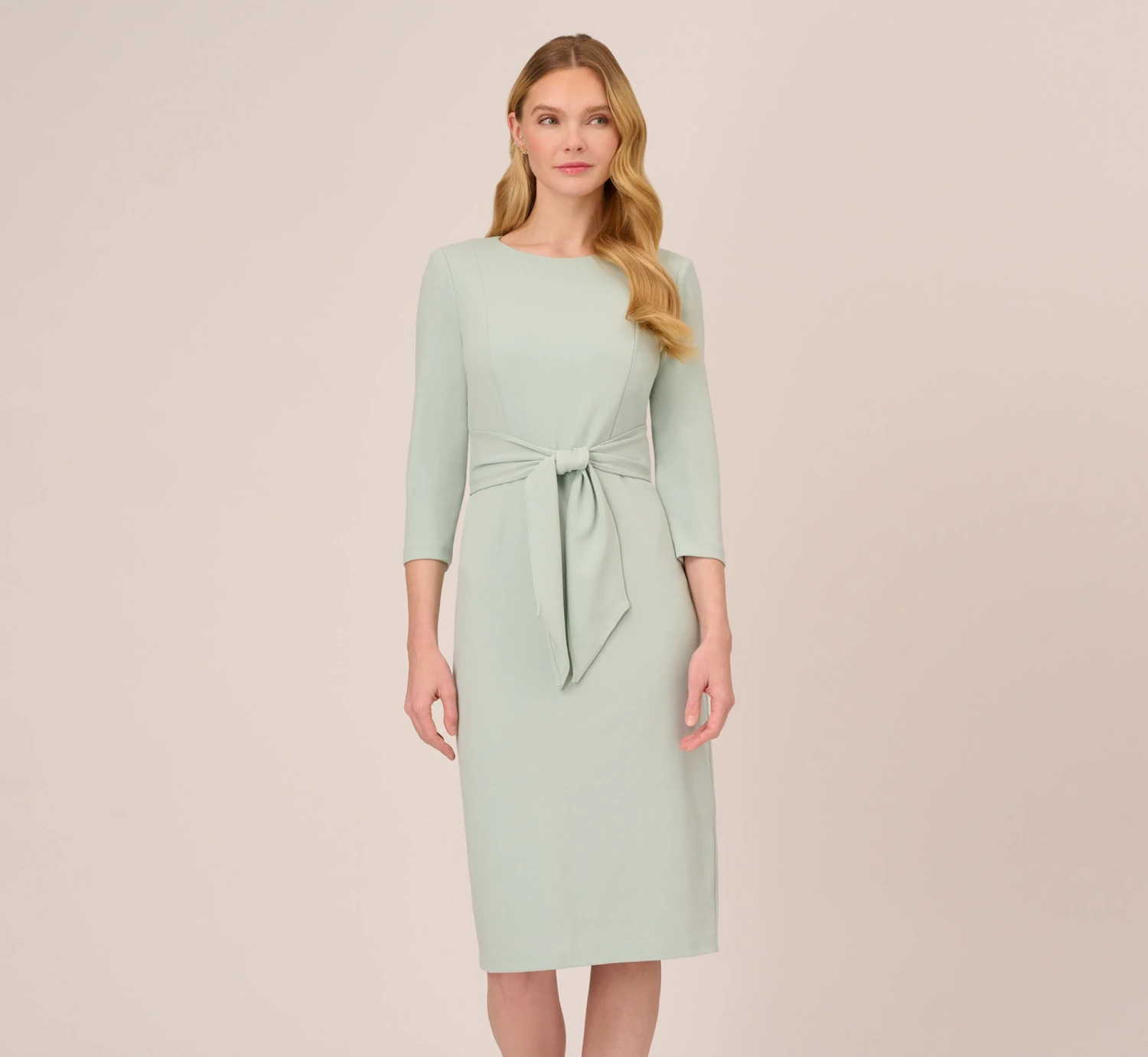 Adrianna Papell Knit Crepe Bow Sheath Dress With Three Quarter Sleeves In Icy Sage 3 Adrianna Papell Knit Crepe Bow Sheath Dress With Three Quarter Sleeves In Icy Sage