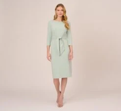 Adrianna Papell Knit Crepe Bow Sheath Dress With Three Quarter Sleeves In Icy Sage 13 Adrianna Papell Knit Crepe Bow Sheath Dress With Three Quarter Sleeves In Icy Sage -Adrianna Papell Shop AP1D103175 AB334 Regular Front
