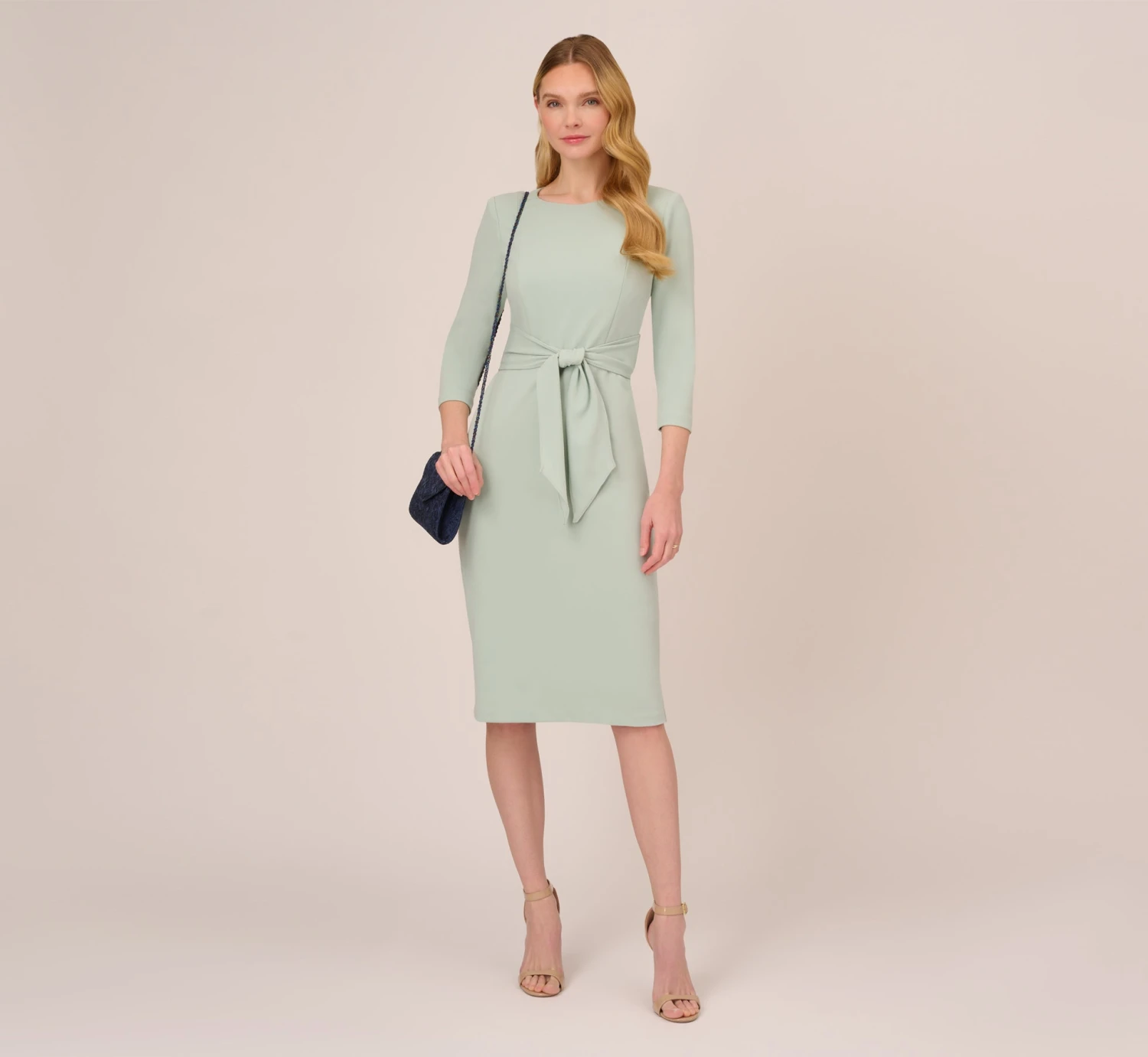 Adrianna Papell Knit Crepe Bow Sheath Dress With Three Quarter Sleeves In Icy Sage 6 Adrianna Papell Knit Crepe Bow Sheath Dress With Three Quarter Sleeves In Icy Sage - Image 4