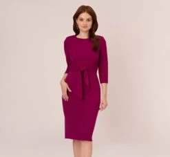 Adrianna Papell Knit Crepe Bow Sheath Dress With Three Quarter Sleeves In Wildberry