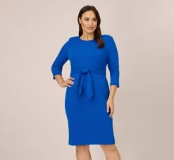 Adrianna Papell Plus Size Knit Crepe Bow Sheath Dress With Three Quarter Sleeves In Violet Cobalt