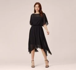 Adrianna Papell Chiffon Blouson Midi Dress With Flutter Sleeves In Black