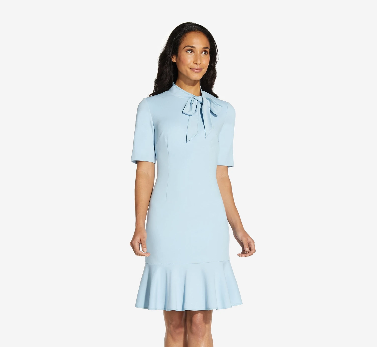 Adrianna Papell Mock Neck Dress With Contrasting Bowtie In Blue Mist 3 Adrianna Papell Mock Neck Dress With Contrasting Bowtie In Blue Mist
