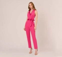 Adrianna Papell Sleeveless Crepe Jumpsuit With Tuxedo Collar In Cabaret Pink