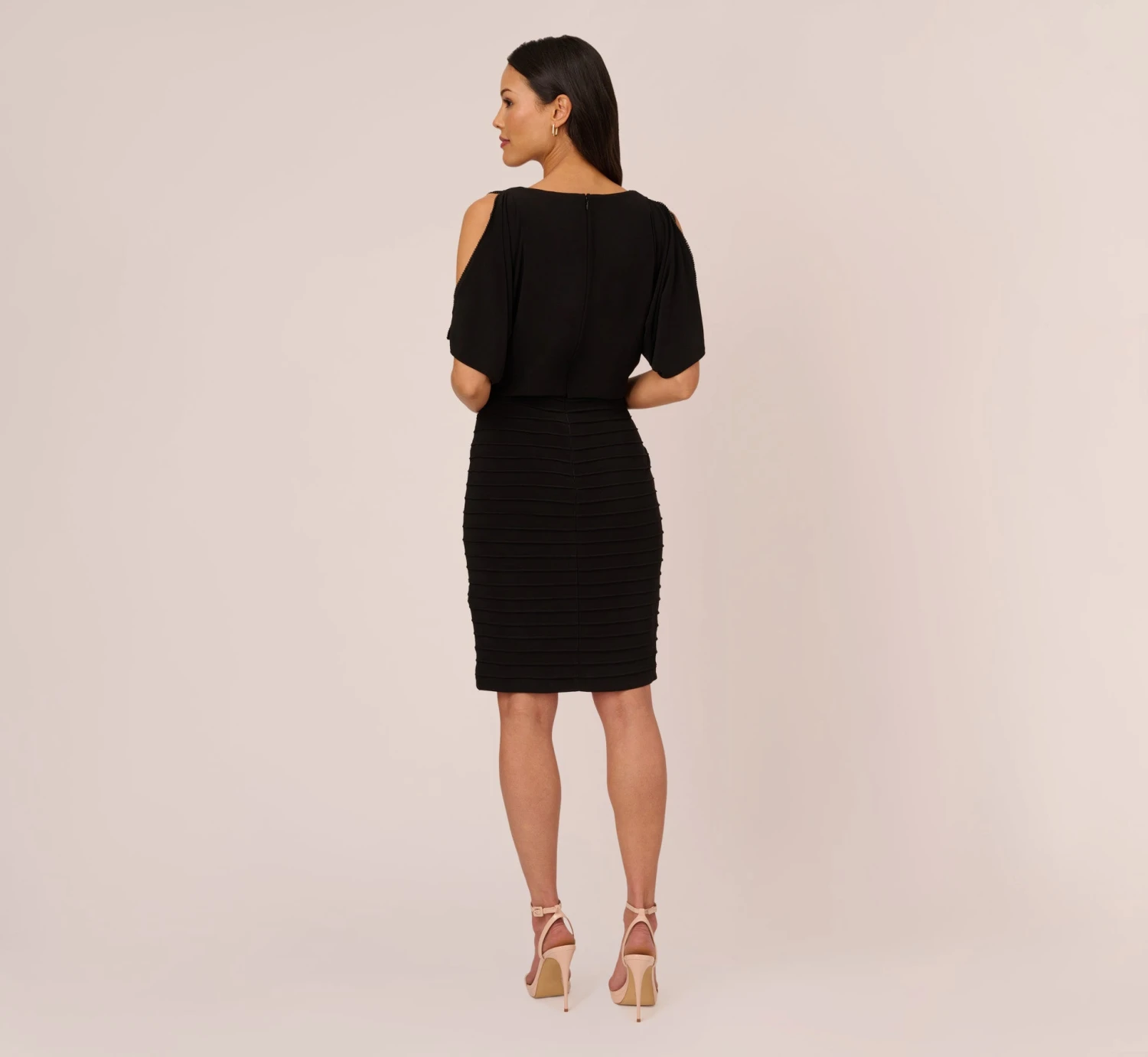 Adrianna Papell Blouson Pintucked Dress With Cold Shoulder Sleeves In Black 5 Adrianna Papell Blouson Pintucked Dress With Cold Shoulder Sleeves In Black - Image 3