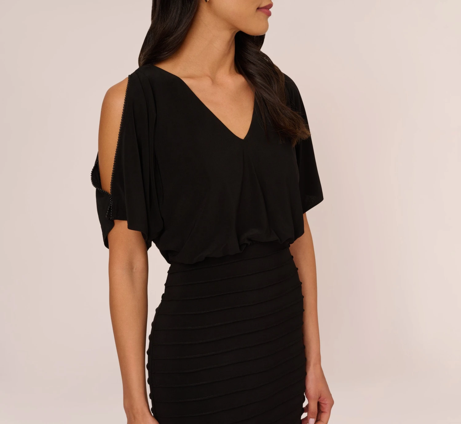 Adrianna Papell Blouson Pintucked Dress With Cold Shoulder Sleeves In Black 6 Adrianna Papell Blouson Pintucked Dress With Cold Shoulder Sleeves In Black - Image 4