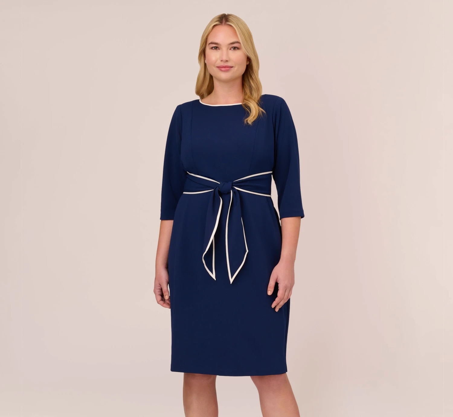 Adrianna Papell Plus Size Knit Crepe Tie Dress In Navy Sateen Ivory 3 Adrianna Papell Plus Size Knit Crepe Tie Dress In Navy Sateen Ivory