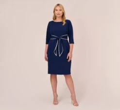Adrianna Papell Plus Size Knit Crepe Tie Dress In Navy Sateen Ivory 16 Adrianna Papell Plus Size Knit Crepe Tie Dress In Navy Sateen Ivory -Adrianna Papell Shop AP1D104307 AK411 Plus Front