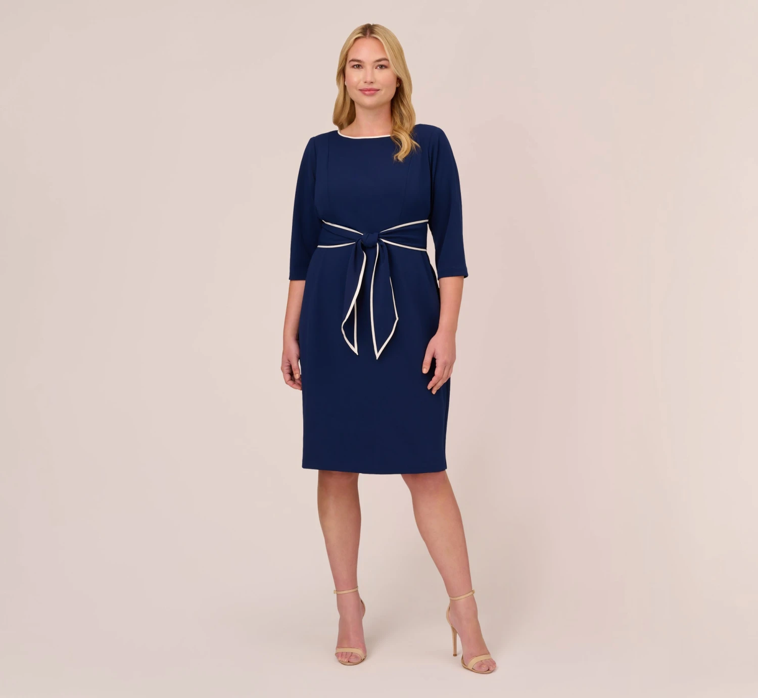 Adrianna Papell Plus Size Knit Crepe Tie Dress In Navy Sateen Ivory 9 Adrianna Papell Plus Size Knit Crepe Tie Dress In Navy Sateen Ivory - Image 7