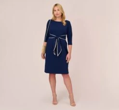 Adrianna Papell Plus Size Knit Crepe Tie Dress In Navy Sateen Ivory 11 Adrianna Papell Plus Size Knit Crepe Tie Dress In Navy Sateen Ivory -Adrianna Papell Shop AP1D104307 AK411 Plus Side