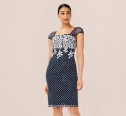 Adrianna Papell Floral Lattice Embroidered Short Sheath Dress In Navy Ivory