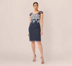 Adrianna Papell Floral Lattice Embroidered Short Sheath Dress In Navy Ivory -Adrianna Papell Shop AP1D104398 BH980 Regular Side