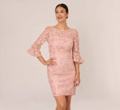 Adrianna Papell Bell Sleeve Rose Embroidered Sheath Dress In Dusty Rose