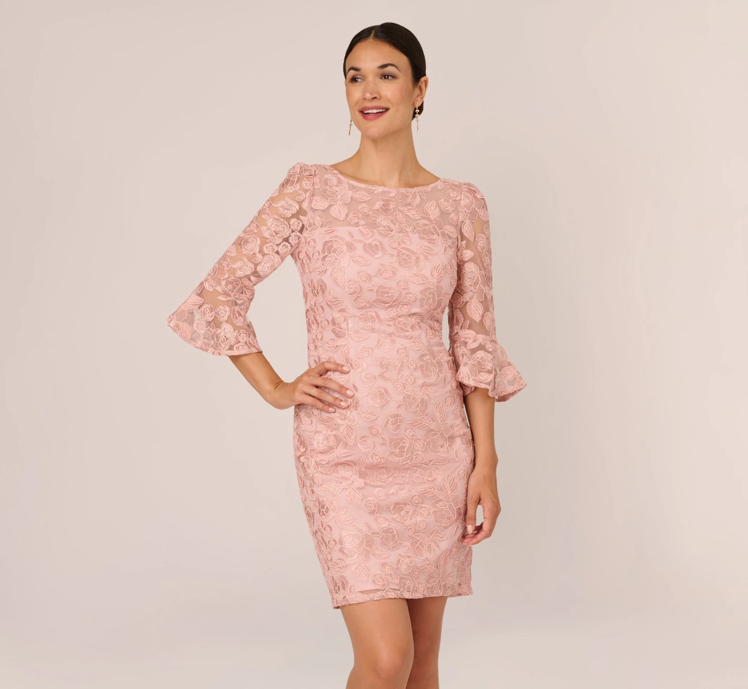 Adrianna Papell Bell Sleeve Rose Embroidered Sheath Dress In Dusty Rose 3 Adrianna Papell Bell Sleeve Rose Embroidered Sheath Dress In Dusty Rose