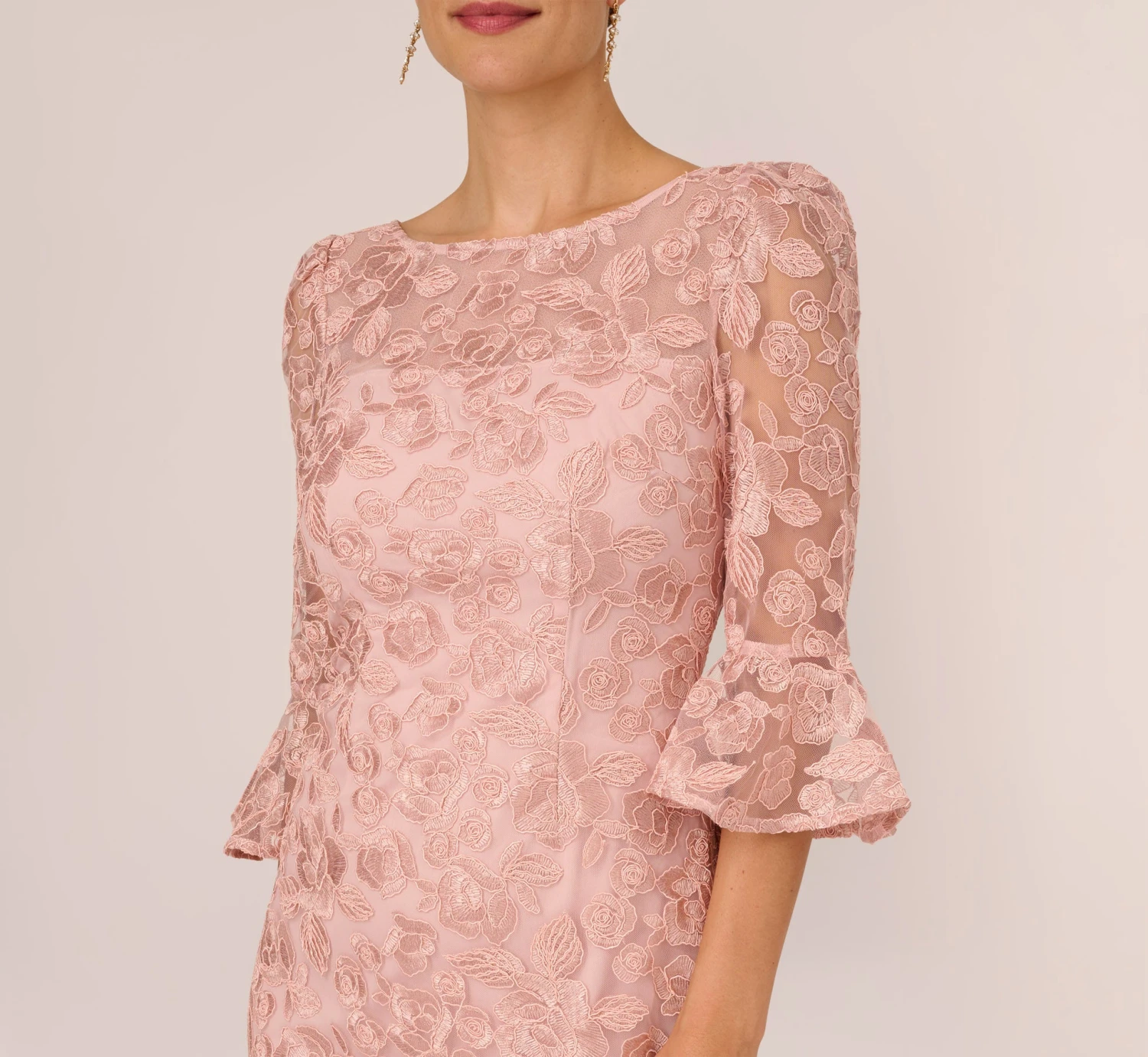 Adrianna Papell Bell Sleeve Rose Embroidered Sheath Dress In Dusty Rose 5 Adrianna Papell Bell Sleeve Rose Embroidered Sheath Dress In Dusty Rose - Image 3