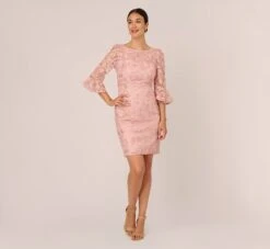 Adrianna Papell Bell Sleeve Rose Embroidered Sheath Dress In Dusty Rose 14 Adrianna Papell Bell Sleeve Rose Embroidered Sheath Dress In Dusty Rose -Adrianna Papell Shop AP1D104437 AA543 Regular Front