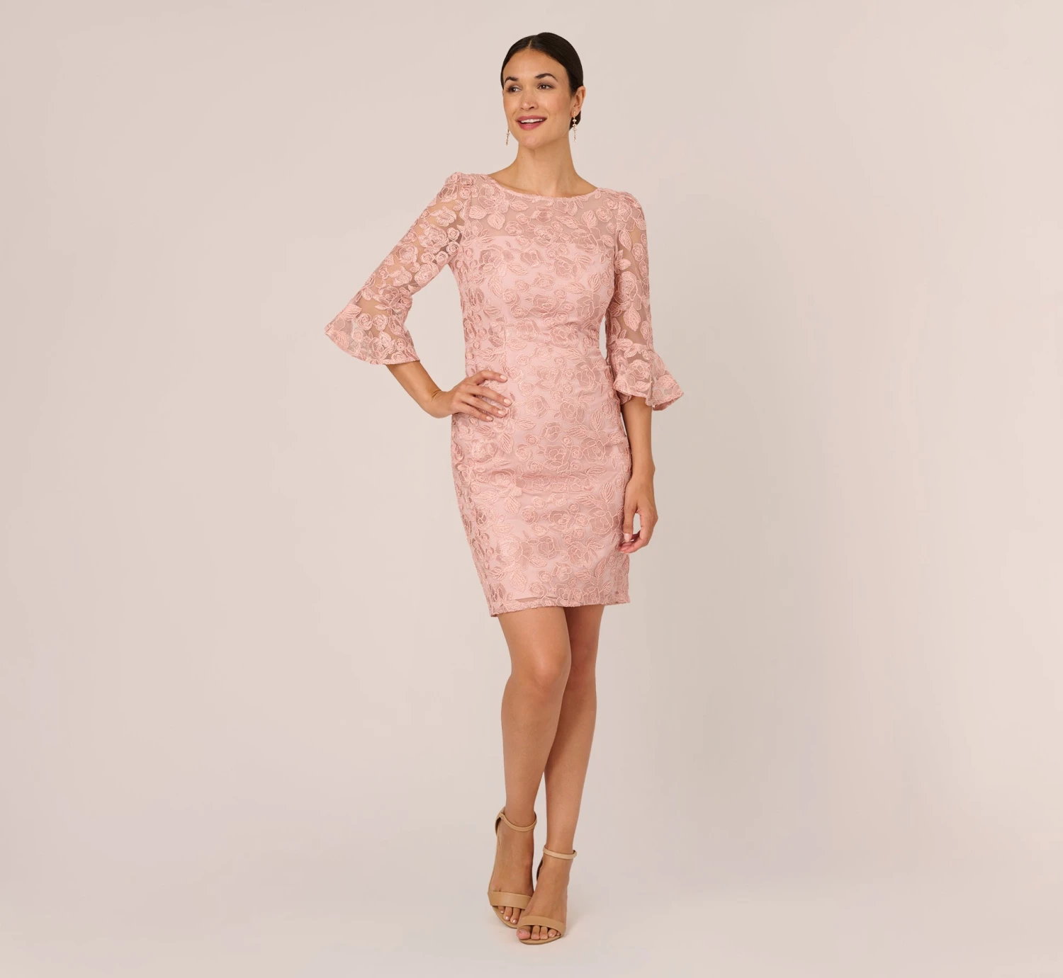 Adrianna Papell Bell Sleeve Rose Embroidered Sheath Dress In Dusty Rose 8 Adrianna Papell Bell Sleeve Rose Embroidered Sheath Dress In Dusty Rose - Image 6