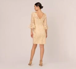 Adrianna Papell Bell Sleeve Rose Embroidered Sheath Dress In Light Champagne -Adrianna Papell Shop AP1D104437 AE273 Regular Back