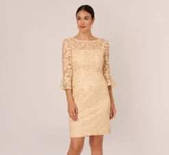Adrianna Papell Bell Sleeve Rose Embroidered Sheath Dress In Light Champagne