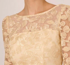 Adrianna Papell Bell Sleeve Rose Embroidered Sheath Dress In Light Champagne -Adrianna Papell Shop AP1D104437 AE273 Regular Detail
