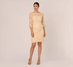 Adrianna Papell Bell Sleeve Rose Embroidered Sheath Dress In Light Champagne -Adrianna Papell Shop AP1D104437 AE273 Regular Front