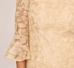 Adrianna Papell Bell Sleeve Rose Embroidered Sheath Dress In Light Champagne -Adrianna Papell Shop AP1D104437 AE273 Regular Lifestyle