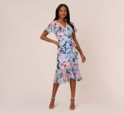 Adrianna Papell Floral Faux Wrap Dress In Blue Multi