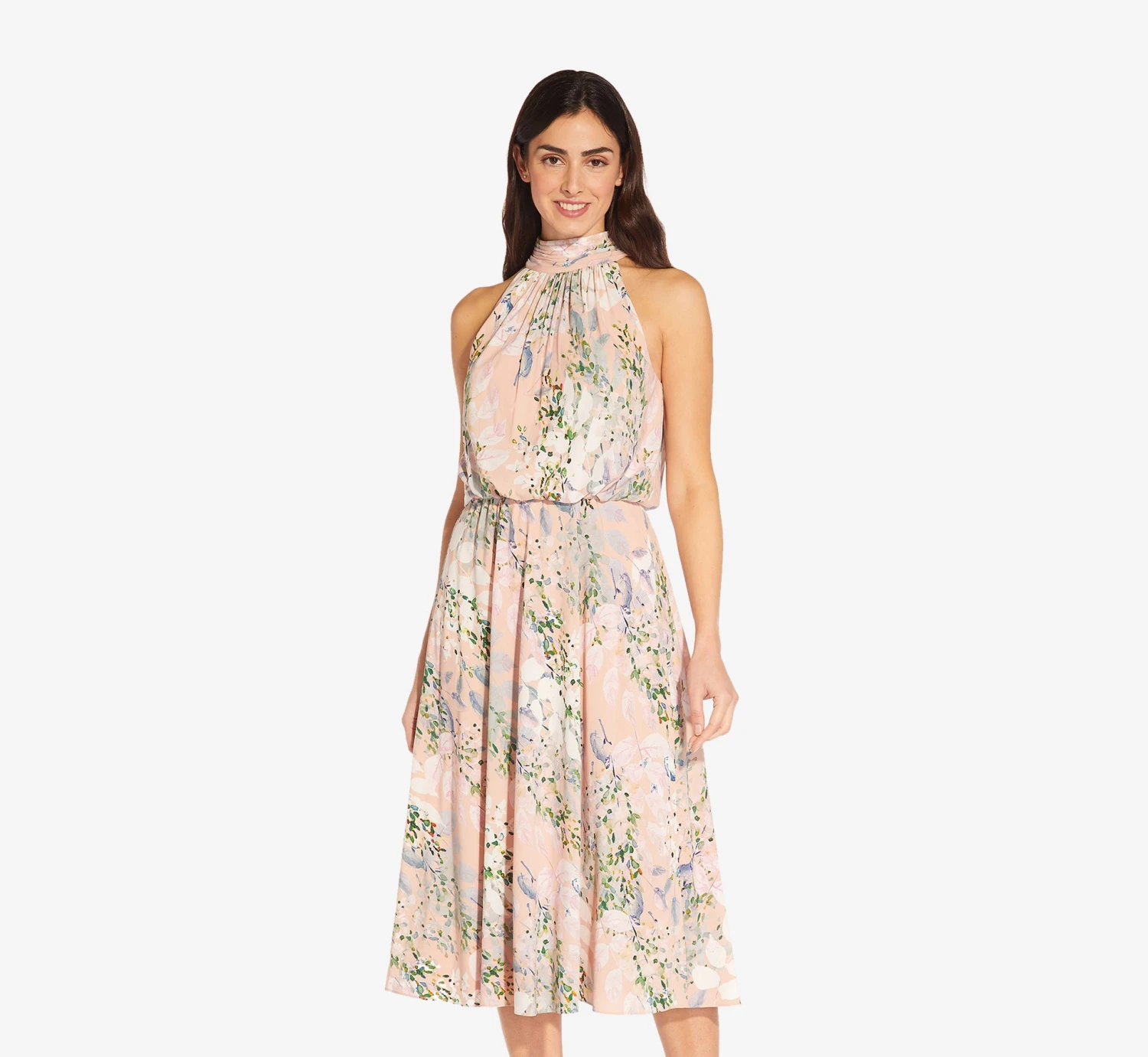 Adrianna Papell Floral Mock Neck Midi Dress In Blush Multi 3 Adrianna Papell Floral Mock Neck Midi Dress In Blush Multi