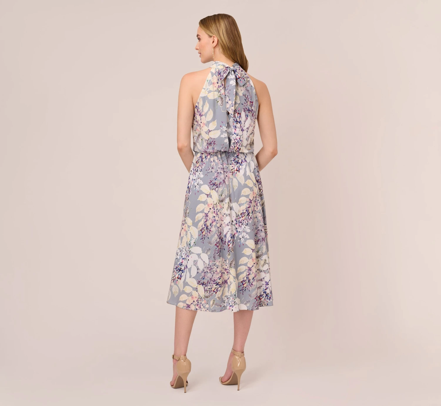 Adrianna Papell Floral Mock Neck Midi Dress In Dusty Blue Multi 5 Adrianna Papell Floral Mock Neck Midi Dress In Dusty Blue Multi - Image 3