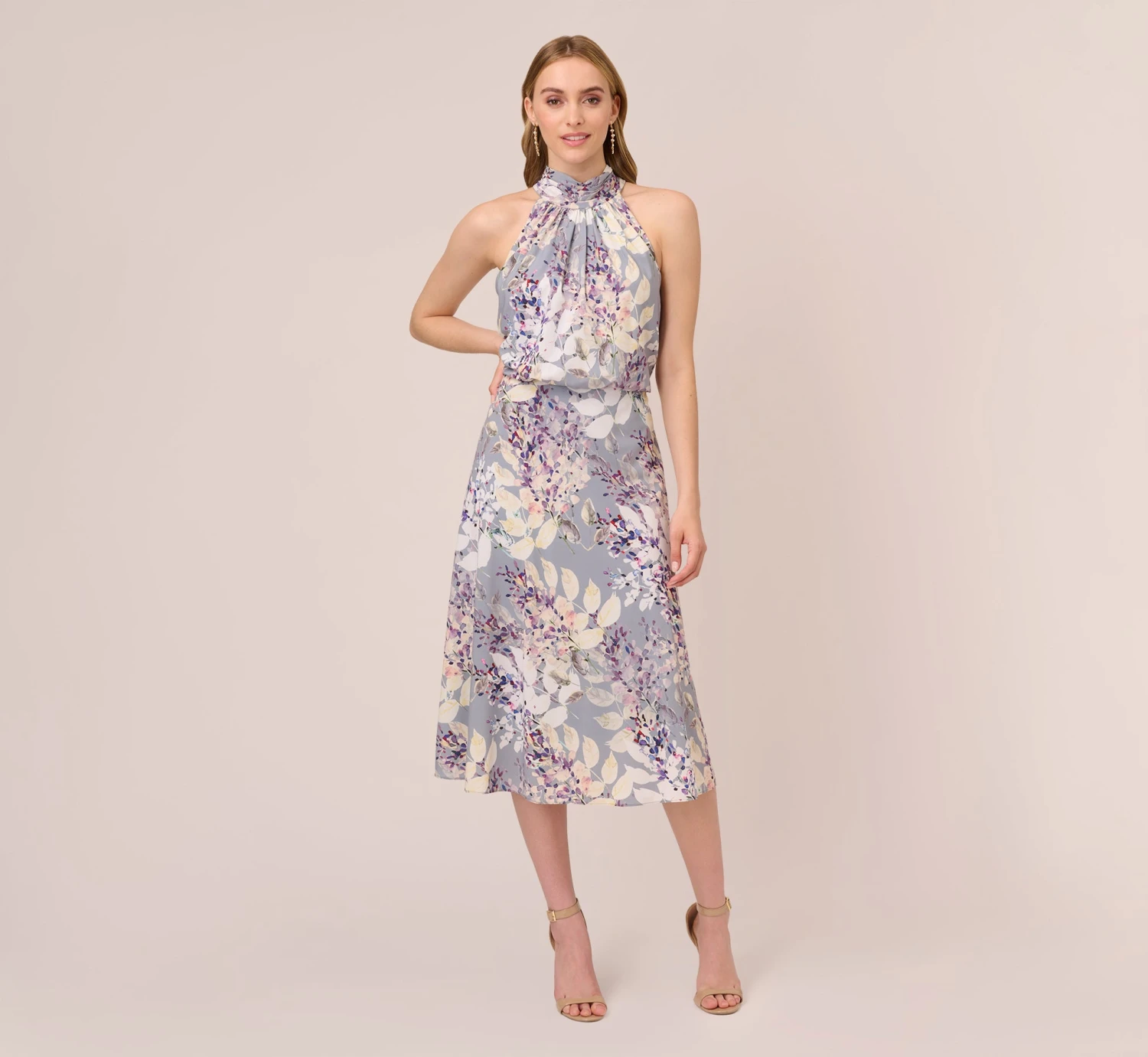 Adrianna Papell Floral Mock Neck Midi Dress In Dusty Blue Multi 3 Adrianna Papell Floral Mock Neck Midi Dress In Dusty Blue Multi