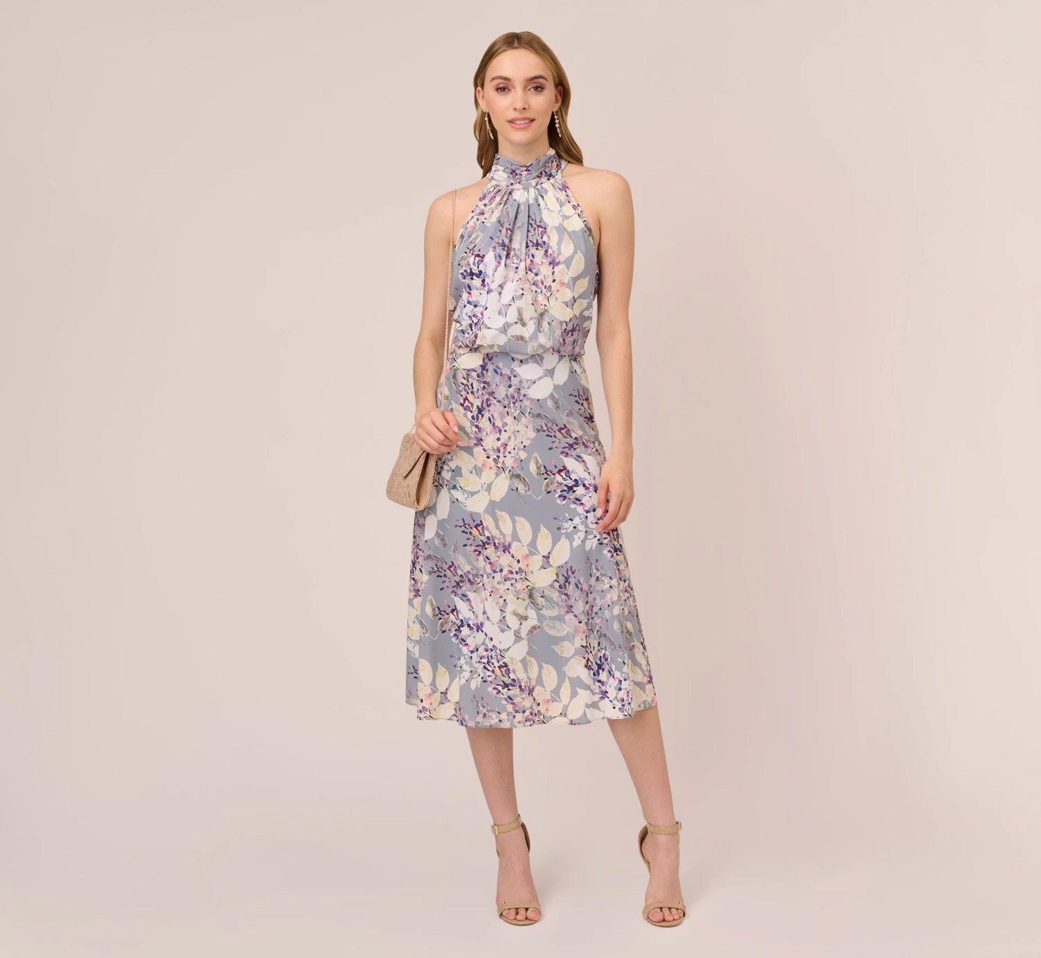 Adrianna Papell Floral Mock Neck Midi Dress In Dusty Blue Multi 4 Adrianna Papell Floral Mock Neck Midi Dress In Dusty Blue Multi - Image 2