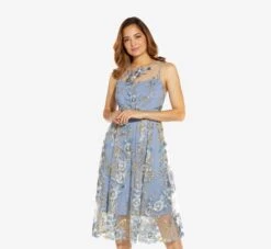 Adrianna Papell Floral Embroidered Flared Dress In Blue Multi