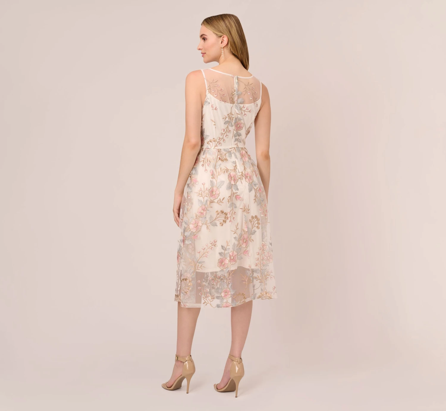 Adrianna Papell Floral Embroidered Flared Dress In Pink Multi 5 Adrianna Papell Floral Embroidered Flared Dress In Pink Multi - Image 3