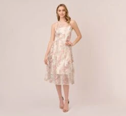 Adrianna Papell Floral Embroidered Flared Dress In Pink Multi