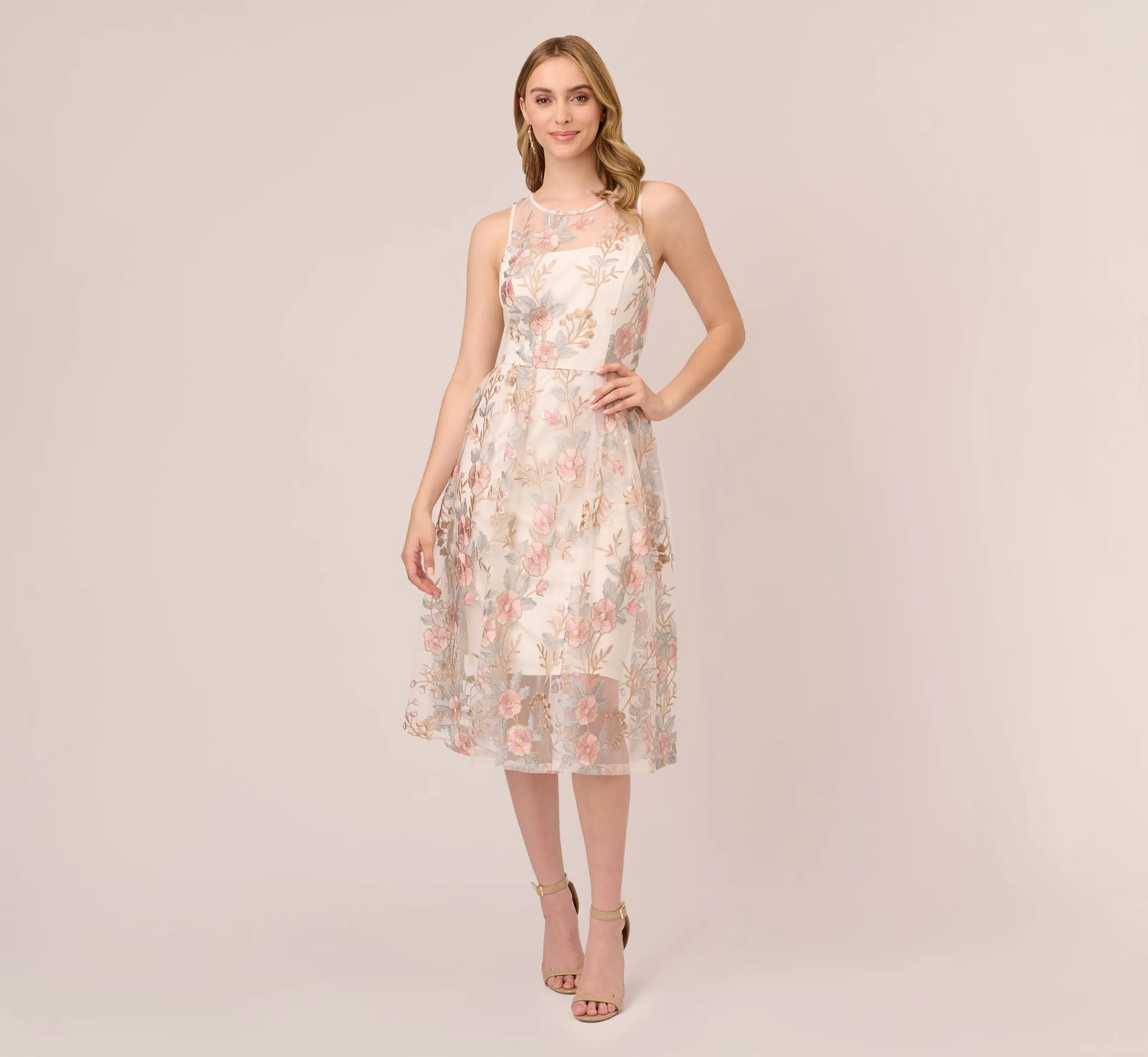 Adrianna Papell Floral Embroidered Flared Dress In Pink Multi 3 Adrianna Papell Floral Embroidered Flared Dress In Pink Multi