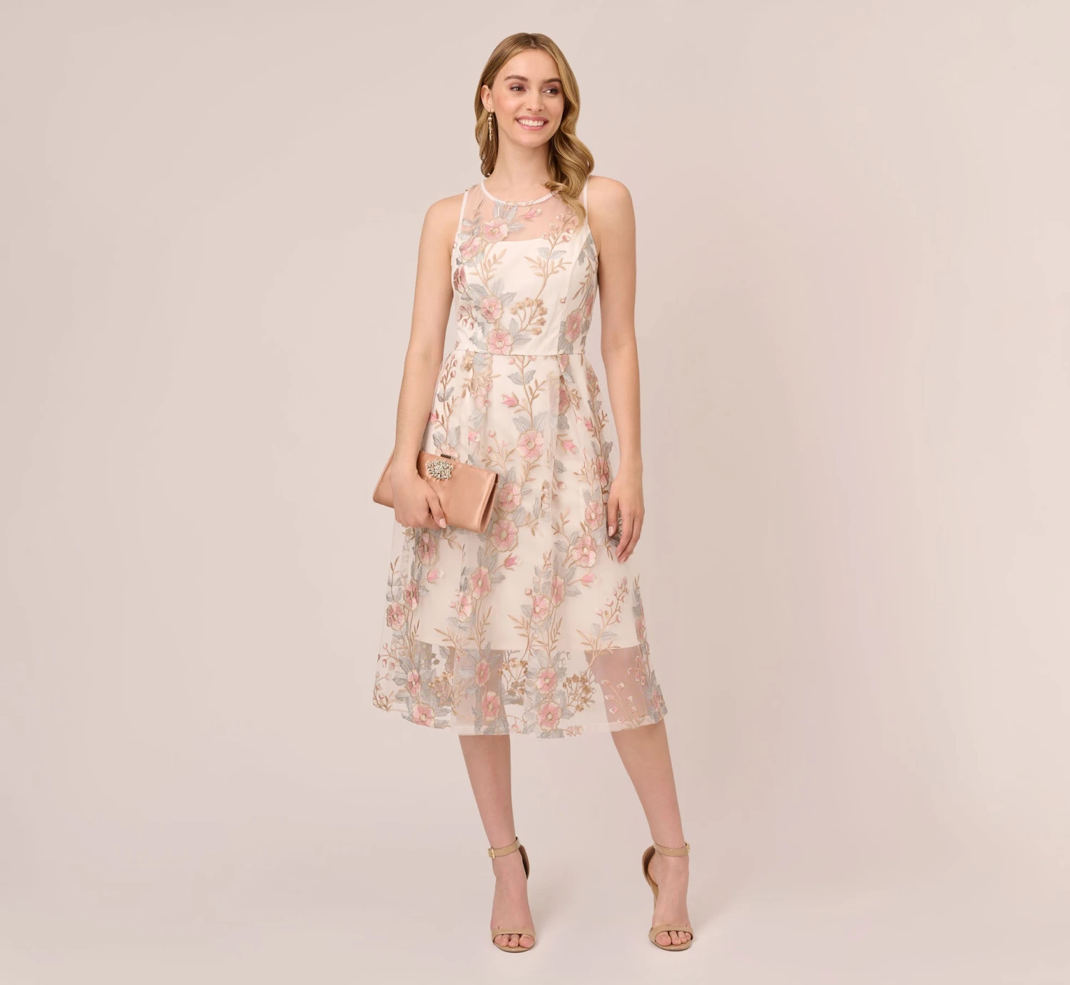 Adrianna Papell Floral Embroidered Flared Dress In Pink Multi 4 Adrianna Papell Floral Embroidered Flared Dress In Pink Multi - Image 2