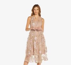 Adrianna Papell Floral Embroidered Flared Dress In Blush Multi