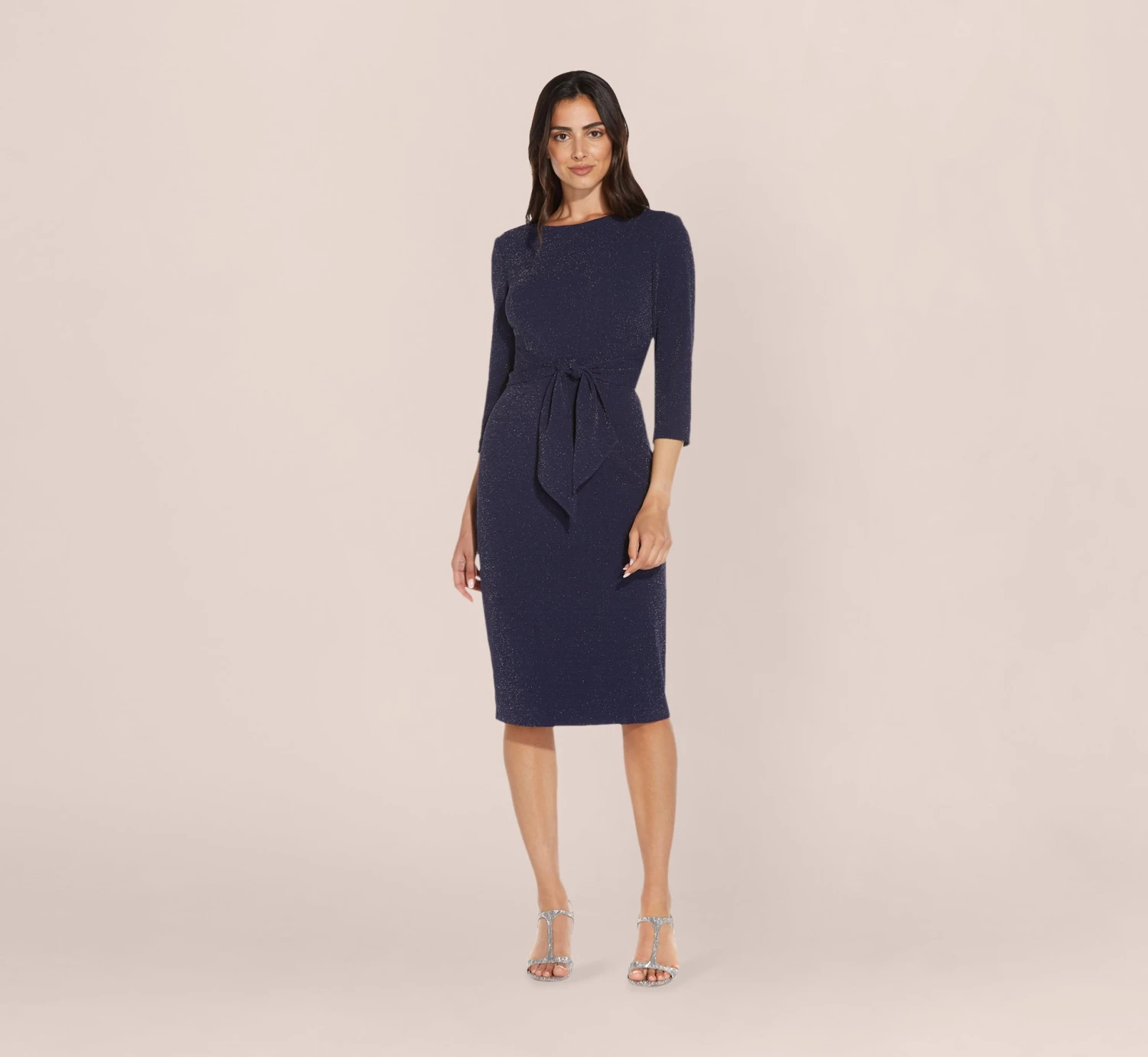 Adrianna Papell Metallic Knit Dress In Light Navy 3 Adrianna Papell Metallic Knit Dress In Light Navy