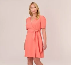 Adrianna Papell Plus Size Crepe Tie-Front A-Line Short Wrap Dress In Peach Blossom