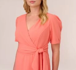 Adrianna Papell Plus Size Crepe Tie-Front A-Line Short Wrap Dress In Peach Blossom -Adrianna Papell Shop AP1D104632 AC956 Plus Detail
