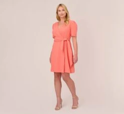 Adrianna Papell Plus Size Crepe Tie-Front A-Line Short Wrap Dress In Peach Blossom -Adrianna Papell Shop AP1D104632 AC956 Plus Front