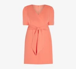 Adrianna Papell Plus Size Crepe Tie-Front A-Line Short Wrap Dress In Peach Blossom -Adrianna Papell Shop AP1D104632 AC956 Plus Flat