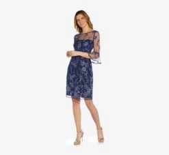 Adrianna Papell Floral Embroidered Sheath Dress With Scalloped Detail In Midnight Multi -Adrianna Papell Shop AP1D104637 AE489 Regular Alternate