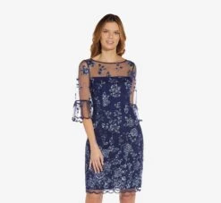 Adrianna Papell Floral Embroidered Sheath Dress With Scalloped Detail In Midnight Multi