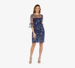 Adrianna Papell Floral Embroidered Sheath Dress With Scalloped Detail In Midnight Multi -Adrianna Papell Shop AP1D104637 AE489 Regular Side