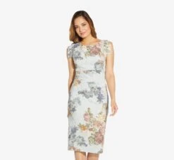 Adrianna Papell Metallic Floral Matelasse Midi-Length Sheath Cocktail Dress In Sky Blue Multi