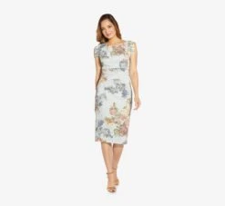 Adrianna Papell Metallic Floral Matelasse Midi-Length Sheath Cocktail Dress In Sky Blue Multi 10 Adrianna Papell Metallic Floral Matelasse Midi-Length Sheath Cocktail Dress In Sky Blue Multi -Adrianna Papell Shop AP1D104664 AF986 Regular Side
